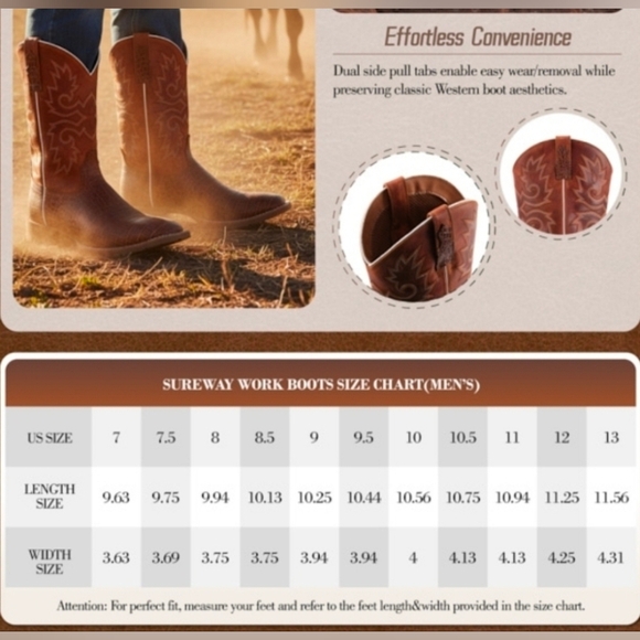 NIB Genuine Full Grain Leather Boots Mens 10 & 10.5 Square Toe Embroidery - Picture 10 of 10